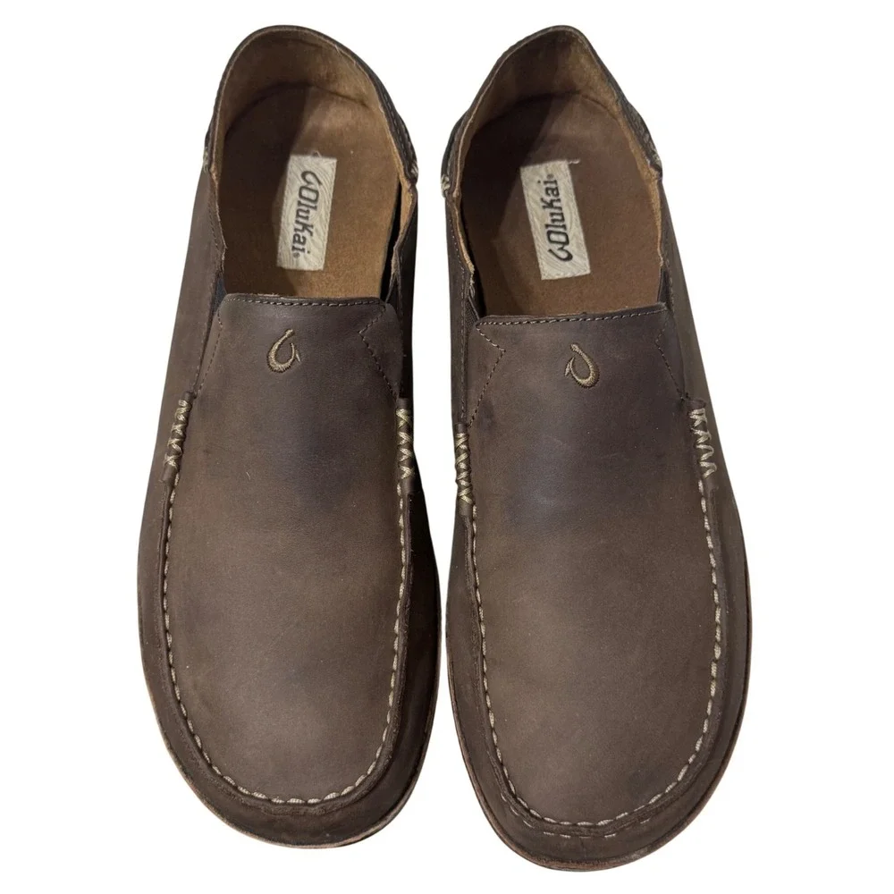 OluKai Moloa Slip On Loafers Mens 14 Dark Wood Brown Good Leather Drop In Heel